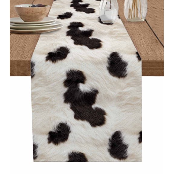 Ldtrchee Black White Table Runner 70 Inches, Minimalist Farm Cow Spots Fur Textured Bed Runner Dresser Scarves Tabletop for Indoor Outdoor Parties/Ceremony/Banquet, 13" x 70"