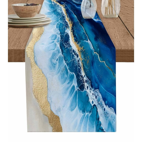 Ldtrchee Blue Coastal Beach Table Runner 72 Inches, Modern Luxury Summer Nautical Bed Runner Dresser Scarves Tabletop for Indoor Outdoor Parties/Ceremony/Banquet, 13" x 72"