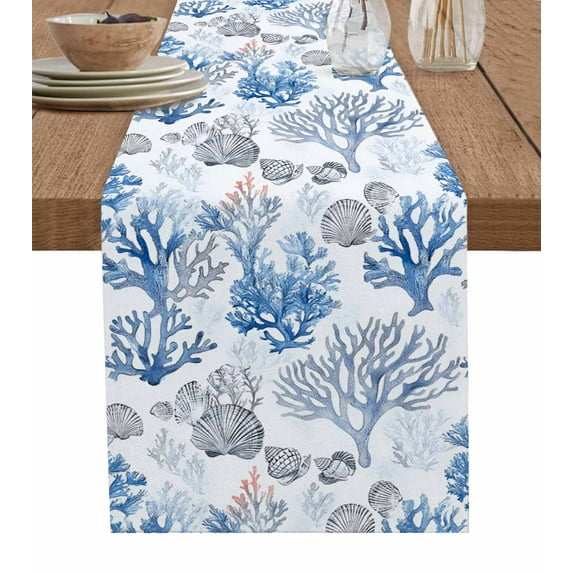 Ldtrchee Blue Coral Table Runner 48 Inches, Coastal Abstract Shell Marine Plant Painting Bed Runner Dresser Scarves Tabletop for Indoor Outdoor Parties/Ceremony/Banquet, 13" x 48"