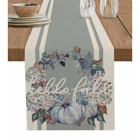 Ldtrchee Blue Fall Table Runner 90 Inches, Pumpkins Wreath Rustic Thanksgiving Bed Runner Dresser Scarves Tabletop for Indoor Outdoor Parties/Ceremony/Banquet, 13" x 90"