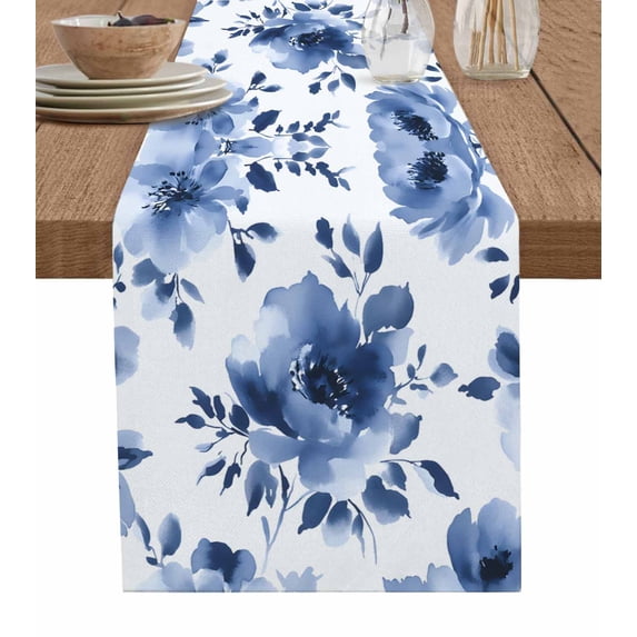 Ldtrchee Blue Floral Spring Table Runner 90 Inches, Summer Botanical Watercolor Country Bed Runner Dresser Scarves Tabletop for Indoor Outdoor Parties/Ceremony/Banquet, 13" x 90"