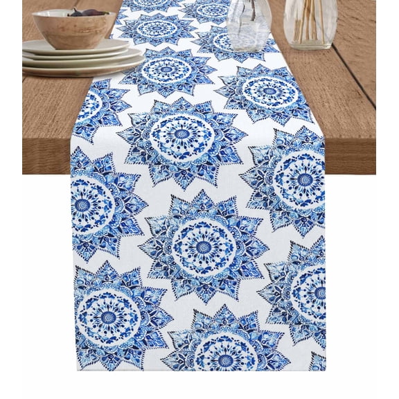 Ldtrchee Blue Geometric Table Runner 90 Inches, Watercolor Blue Floral Ethnic Modern Bed Runner Dresser Scarves Tabletop for Indoor Outdoor Parties/Ceremony/Banquet, 13" x 90"