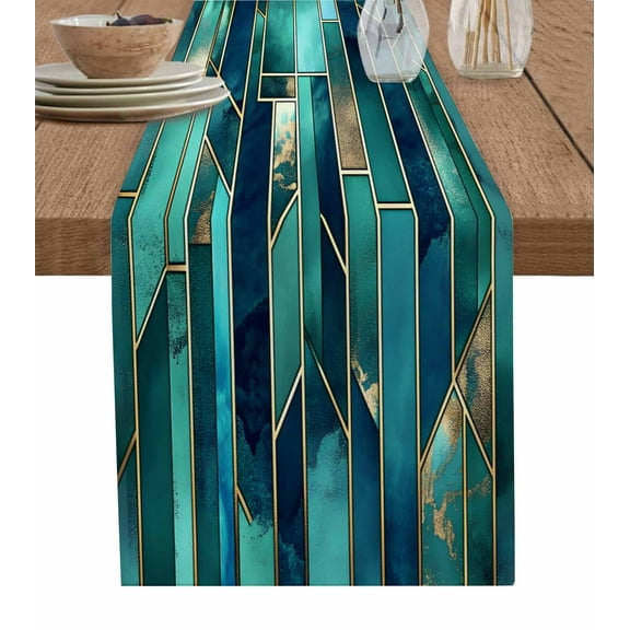 Ldtrchee Blue Green Geometric Table Runner 70 Inches, Modern Abstract Stained Glass Bed Runner Dresser Scarves Tabletop for Indoor Outdoor Parties/Ceremony/Banquet, 13" x 70"