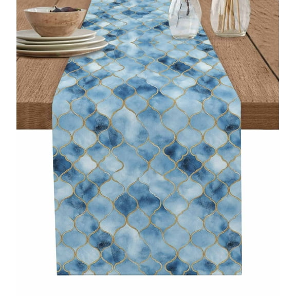 Ldtrchee Blue Morocco Table Runner 48 Inches, Modern Abstract Art Contemporary Geometric Bed Runner Dresser Scarves Tabletop for Indoor Outdoor Parties/Ceremony/Banquet, 13" x 48"