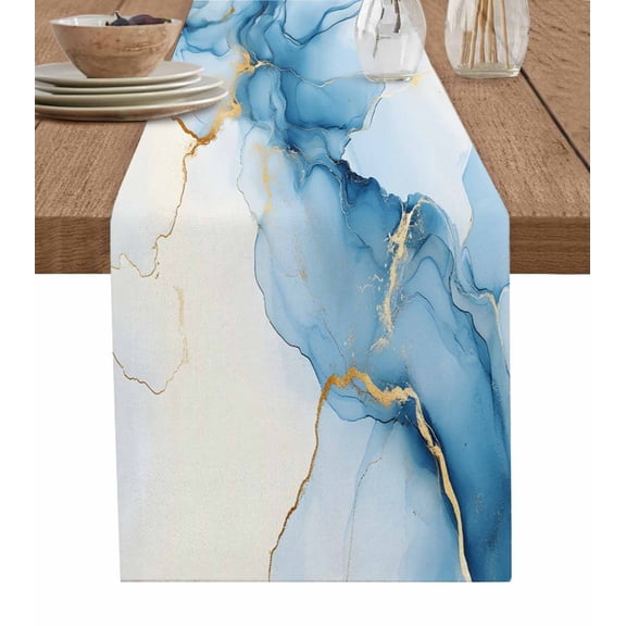 Ldtrchee Blue Ombre Marble Table Runner 72 Inches, Modern Aesthetics Abstract Art Bed Runner Dresser Scarves Tabletop for Indoor Outdoor Parties/Ceremony/Banquet, 13" x 72"