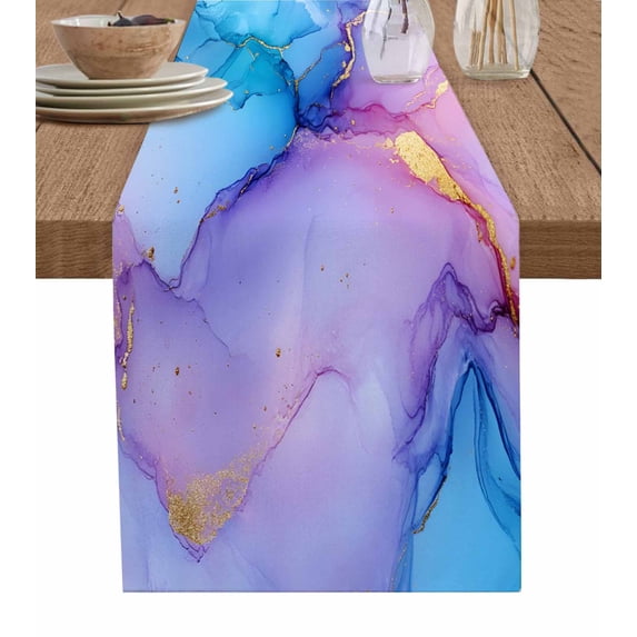 Ldtrchee Blue Purple Ombre Table Runner 120 Inches, Marble Ink Painted Abstract Modern Bed Runner Dresser Scarves Tabletop for Indoor Outdoor Parties/Ceremony/Banquet, 13"x 120"