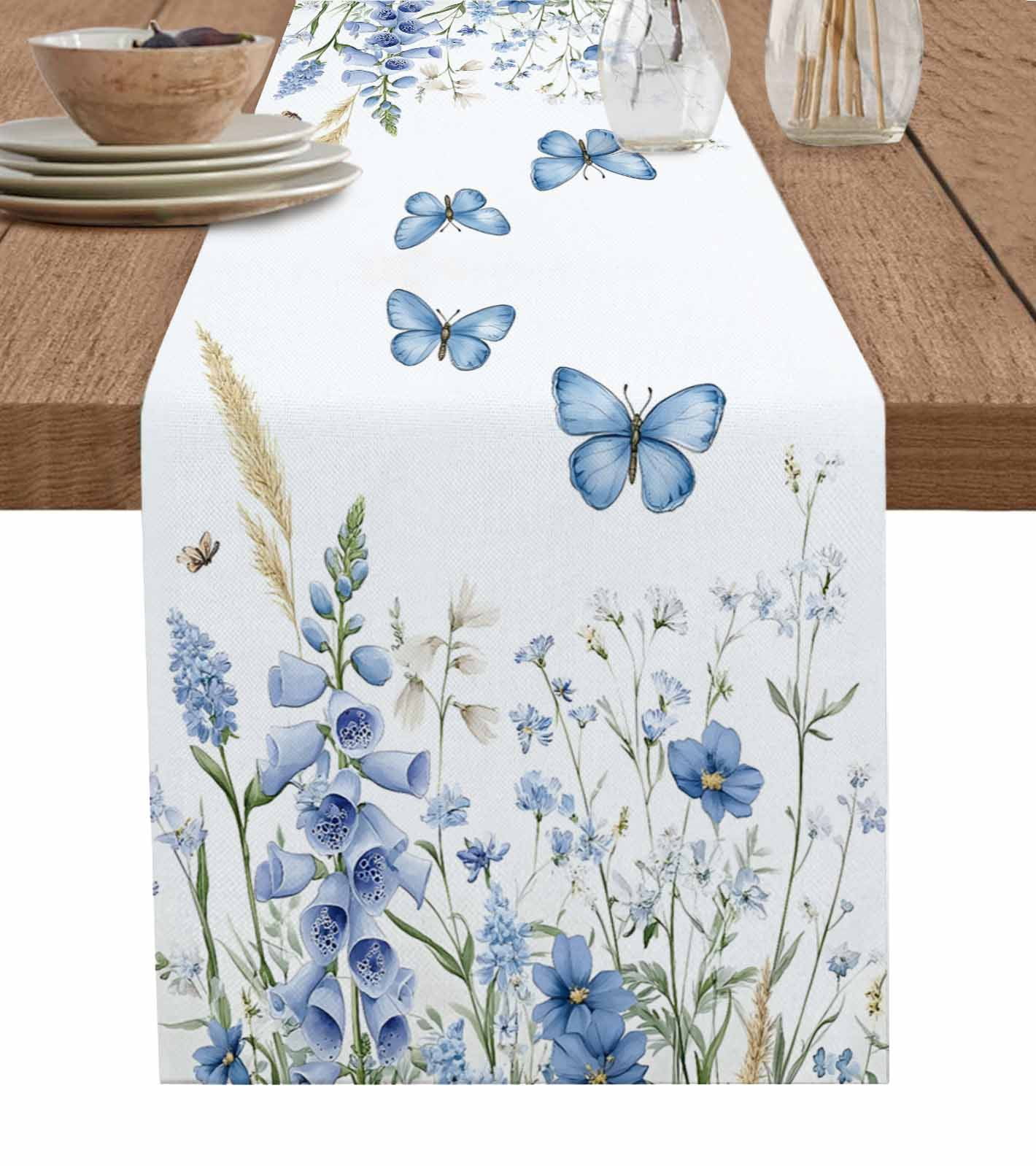 Ldtrchee Blue Spring Floral Table Runner 72 Inches, Butterfly Summer Botanical Elegant Bed Runner Dresser Scarves Tabletop for Indoor Outdoor Parties/Ceremony/Banquet, 18" x 72"