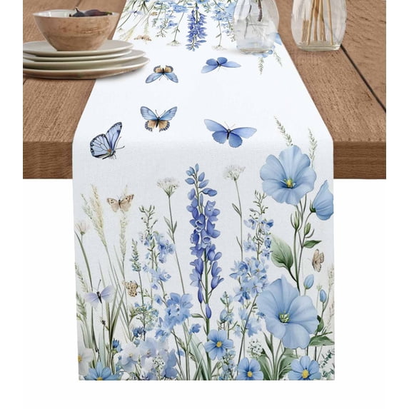 Ldtrchee Blue Spring Floral Table Runner 72 Inches, Summer Botanical Butterfly Pastoral Bed Runner Dresser Scarves Tabletop for Indoor Outdoor Parties/Ceremony/Banquet, 16" x 72"