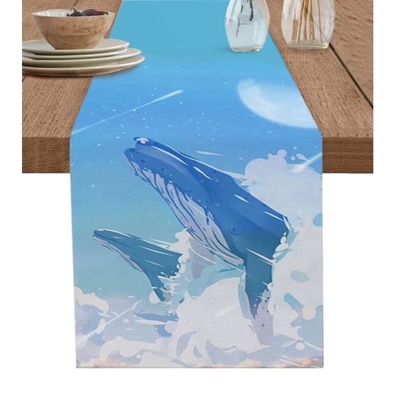 Ldtrchee Blue Whale Table Runner 72 Inches, Blue Sky Clouds Natural Landscape Bed Runner Dresser Scarves Tabletop for Indoor Outdoor Parties/Ceremony/Banquet, 18" x 72"