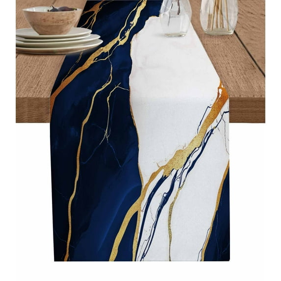 Ldtrchee Blue White Marble Table Runner 36 Inches, Nature Marble Crack Yellow Lines Art Bed Runner Dresser Scarves Tabletop for Indoor Outdoor Parties/Ceremony/Banquet, 13"x 36"