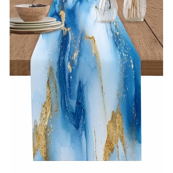 Ldtrchee Blue Yellow Marble Table Runner 48 Inches, Modern Abstract Art Ombre Bed Runner Dresser Scarves Tabletop for Indoor Outdoor Parties/Ceremony/Banquet, 13" x 48"
