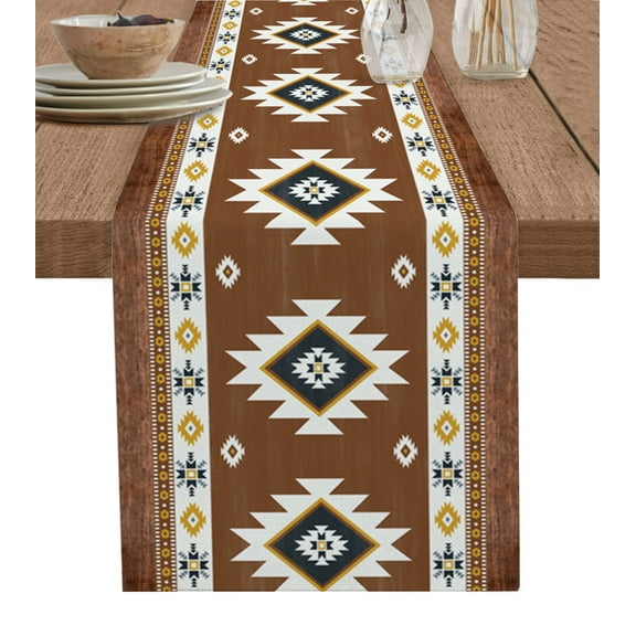Ldtrchee Bohemia Southwest, Table Runner 48 Inches, Rustic American Native Tribal Geometric Brown Bed Runner Dresser Scarves Tabletop for Indoor Outdoor Parties/Ceremony/Banquet, 13" x 48"
