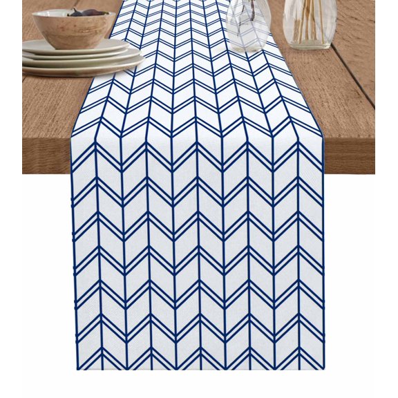 Ldtrchee Boho Blue Table Runner 36 Inches, White Chevron Stripes Abstract Geometric Bed Runner Dresser Scarves Tabletop for Indoor Outdoor Parties/Ceremony/Banquet, 13"x 36"