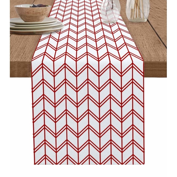 Ldtrchee Boho Red Table Runner 48 Inches, White Chevron Stripes Abstract Geometric Bed Runner Dresser Scarves Tabletop for Indoor Outdoor Parties/Ceremony/Banquet, 13" x 48"