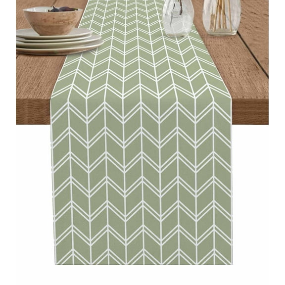 Ldtrchee Boho Sage Green Table Runner 36 Inches, White Chevron Stripes Abstract Geometric Bed Runner Dresser Scarves Tabletop for Indoor Outdoor Parties/Ceremony/Banquet, 13"x 36"