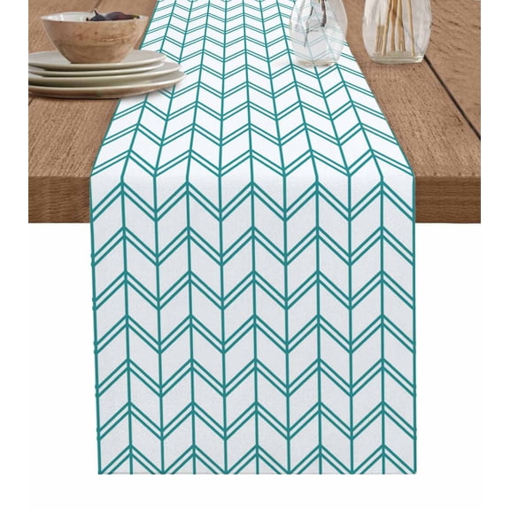 Ldtrchee Boho Turquoise Table Runner 36 Inches, White Chevron Stripes Abstract Geometric Bed Runner Dresser Scarves Tabletop for Indoor Outdoor Parties/Ceremony/Banquet, 13"x 36"