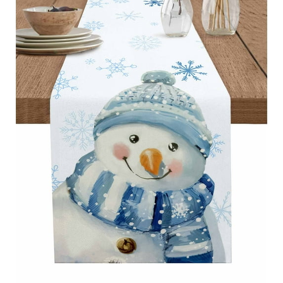 Ldtrchee Christmas Blue Snowman Table Runner 48 Inches, Xmas Snowflake Winter Bed Runner Dresser Scarves Tabletop for Indoor Outdoor Parties/Ceremony/Banquet, 13" x 48"