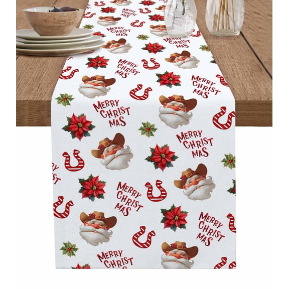 Ldtrchee Christmas Santa Table Runner 48 Inches, Western Xmas Botanical Poinsettia Bed Runner Dresser Scarves Tabletop for Indoor Outdoor Parties/Ceremony/Banquet, 13" x 48"