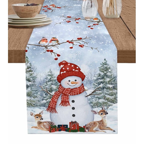 Ldtrchee Christmas Snowman Table Runner 48 Inches, Xmas Snowflake Tree Birds Elk Bed Runner Dresser Scarves Tabletop for Indoor Outdoor Parties/Ceremony/Banquet, 13" x 48"