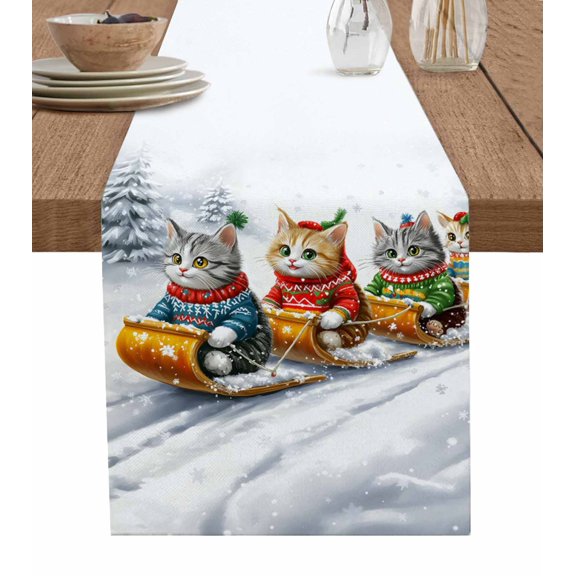 Ldtrchee Christmas Table Runner 36 Inches, Funny Cats Sleds Skiing Winter Forest Tree Bed Runner Dresser Scarves Tabletop for Indoor Outdoor Parties/Ceremony/Banquet, 13"x 36"