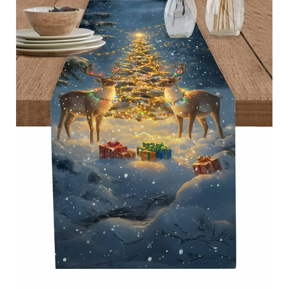 Ldtrchee Christmas Table Runner 36 Inches, Winter Snowy Shining Tree Reindeer Forest Gift Bed Runner Dresser Scarves Tabletop for Indoor Outdoor Parties/Ceremony/Banquet, 13"x 36"