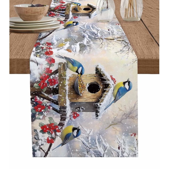 Ldtrchee Christmas Table Runner 48 Inches, Xmas Birds Snowflake Tree Botanical Bed Runner Dresser Scarves Tabletop for Indoor Outdoor Parties/Ceremony/Banquet, 13" x 48"