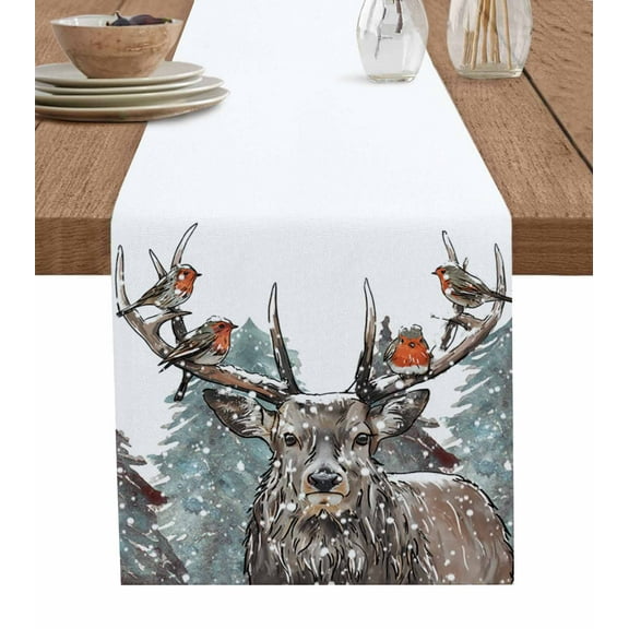 Ldtrchee Christmas Table Runner 60 Inches, Forest Winter Snowy Deer Scene Bird Xmas Tree Bed Runner Dresser Scarves Tabletop for Indoor Outdoor Parties/Ceremony/Banquet, 13" x 60"