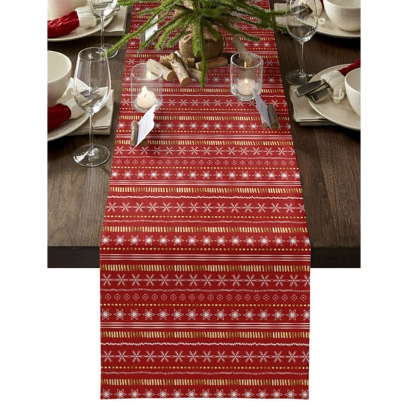 Ldtrchee Christmas, Table Runner 70 Inches, Boho Red Gold Geometric Stripes Dots Bed Runner Dresser Scarves Tabletop for Indoor Outdoor Parties/Ceremony/Banquet, 13" x 70"