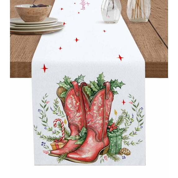 Ldtrchee Christmas Table Runner 72 Inches, Cowboy Xmas Botanical Watercolor Bed Runner Dresser Scarves Tabletop for Indoor Outdoor Parties/Ceremony/Banquet, 18" x 72"