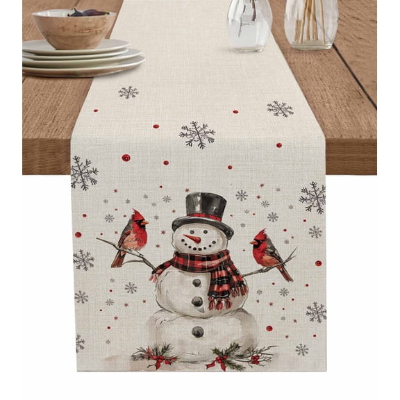 Ldtrchee Christmas Table Runner 90 Inches, Snowman Snowflake Red Xmas Birds Rustic Bed Runner Dresser Scarves Tabletop for Indoor Outdoor Parties/Ceremony/Banquet, 13" x 90"