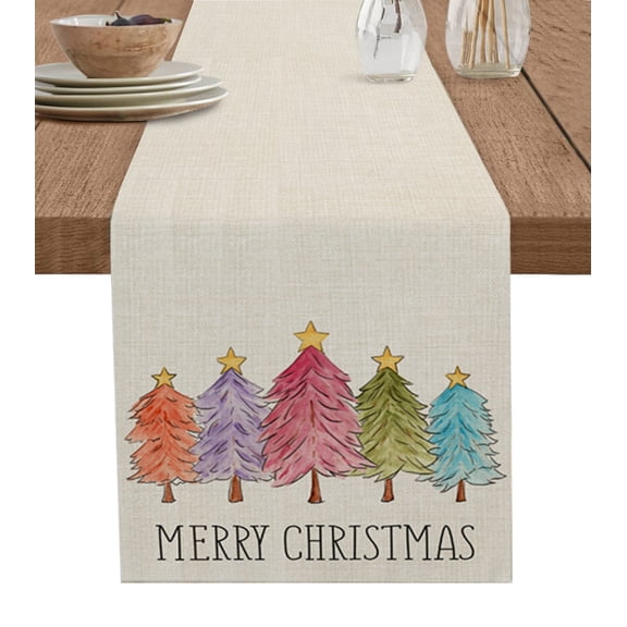 Ldtrchee Christmas Tree Table Runner 48 Inches, Watercolor Colorful Xmas Tree Rustic Bed Runner Dresser Scarves Tabletop for Indoor Outdoor Parties/Ceremony/Banquet, 13" x 48"