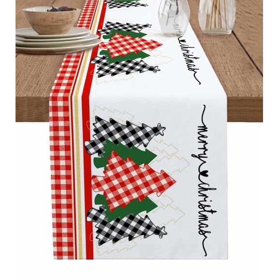 Ldtrchee Christmas Tree Table Runner 48 Inches, Xmas Tree Red Checkered Bed Runner Dresser Scarves Tabletop for Indoor Outdoor Parties/Ceremony/Banquet, 13" x 48"
