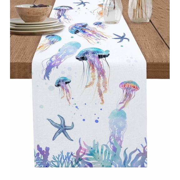 Ldtrchee Coastal Jellyfish Table Runner 36 Inches, Summer Beach Nautical Ocean Bed Runner Dresser Scarves Tabletop for Indoor Outdoor Parties/Ceremony/Banquet, 13"x 36"