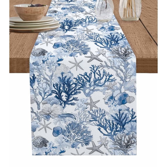 Ldtrchee Coastal Ocean Coral Table Runner 90 Inches, Blue Shell Conch Starfish Sea Grass Bed Runner Dresser Scarves Tabletop for Indoor Outdoor Parties/Ceremony/Banquet, 13" x 90"