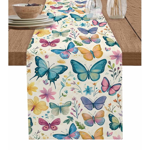 Ldtrchee Colorful Butterfly Table Runner 72 Inches, Retro Country Leaves Spring Bed Runner Dresser Scarves Tabletop for Indoor Outdoor Parties/Ceremony/Banquet, 14" x 72"