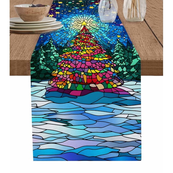 Ldtrchee Colorful Christmas Tree Table Runner 60 Inches, Xmas Tree Star Geometric Bed Runner Dresser Scarves Tabletop for Indoor Outdoor Parties/Ceremony/Banquet, 13" x 60"