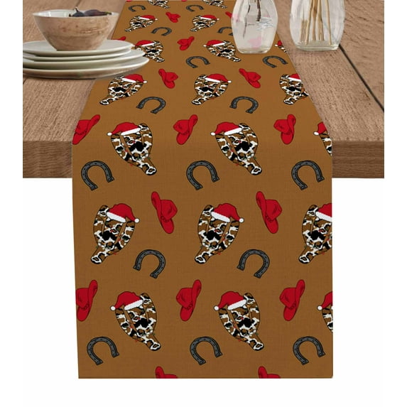 Ldtrchee Cowboy Christmas Table Runner 120 Inches, Western Brown Cactus Xmas Red Bed Runner Dresser Scarves Tabletop for Indoor Outdoor Parties/Ceremony/Banquet, 13"x 120"