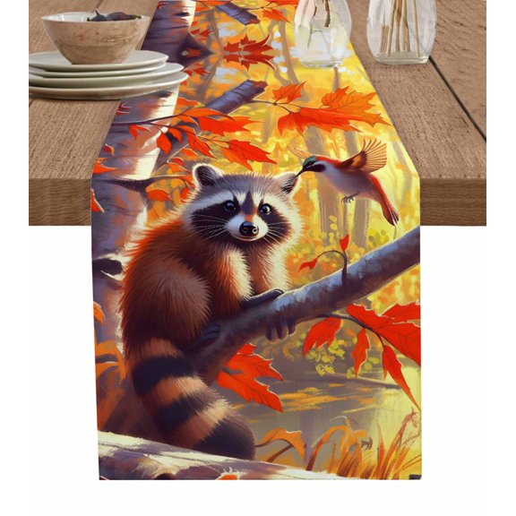 Ldtrchee Fal Forest Raccoon Bird Table Runner 72 Inches, Autumn Orange Red Maple Tree Leaves Bed Runner Dresser Scarves Tabletop for Indoor Outdoor Parties/Ceremony/Banquet, 14" x 72"