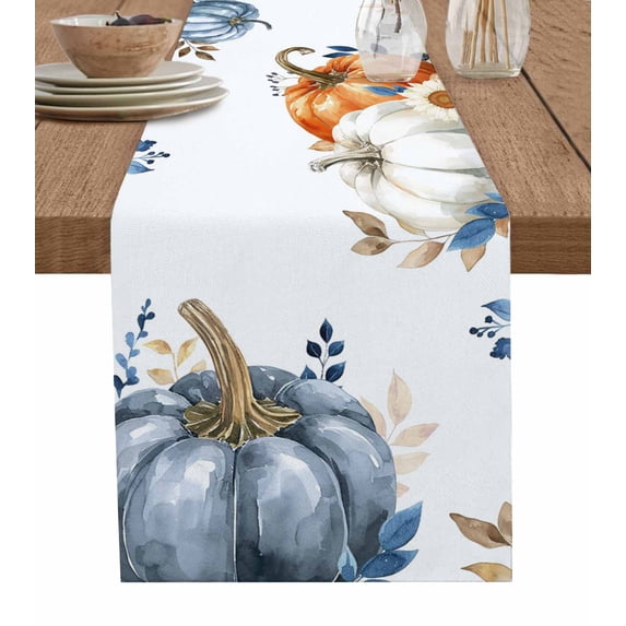 Ldtrchee Fall Blue Pumpkins Table Runner 48 Inches, Grey Orange Botanical Thanksgiving Bed Runner Dresser Scarves Tabletop for Indoor Outdoor Parties/Ceremony/Banquet, 13" x 48"