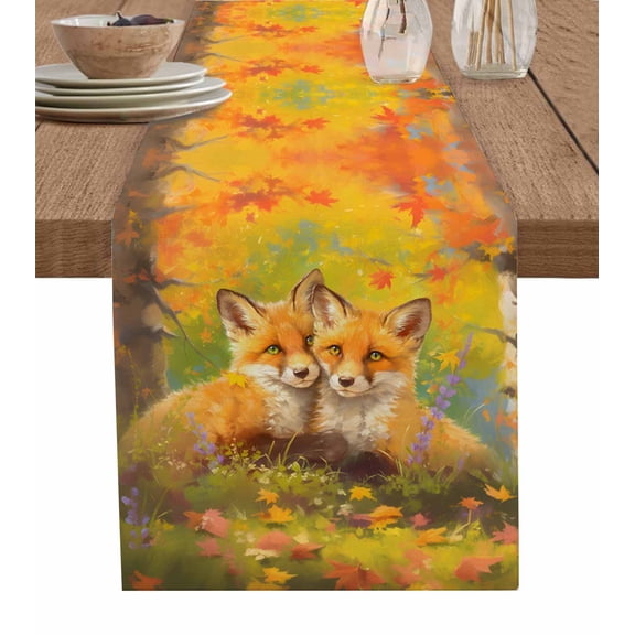 Ldtrchee Fall Forest Foxes Table Runner 70 Inches, Autumn Orange Red Green Maple Leaves Bed Runner Dresser Scarves Tabletop for Indoor Outdoor Parties/Ceremony/Banquet, 13" x 70"