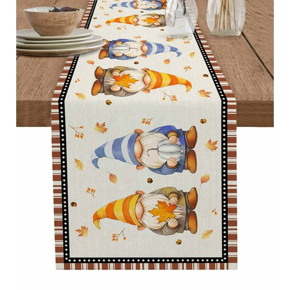 Ldtrchee Fall Gnomes Table Runner 36 Inches, Brown Striped Maple Leaf Botanical Bed Runner Dresser Scarves Tabletop for Indoor Outdoor Parties/Ceremony/Banquet, 13"x 36"