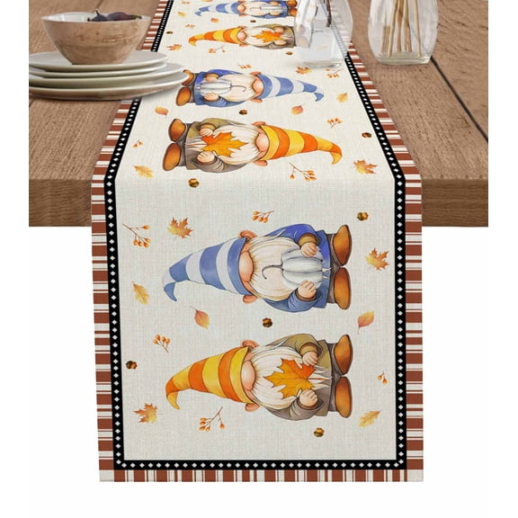 Ldtrchee Fall Gnomes Table Runner 48 Inches, Brown Striped Maple Leaf Botanical Bed Runner Dresser Scarves Tabletop for Indoor Outdoor Parties/Ceremony/Banquet, 13" x 48"