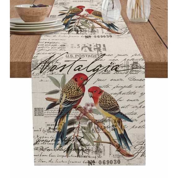 Ldtrchee Farmhouse Birds Table Runner 72 Inches, Country Envelope Postmark Rustic Botancial Bed Runner Dresser Scarves Tabletop for Indoor Outdoor Parties/Ceremony/Banquet, 18" x 72"