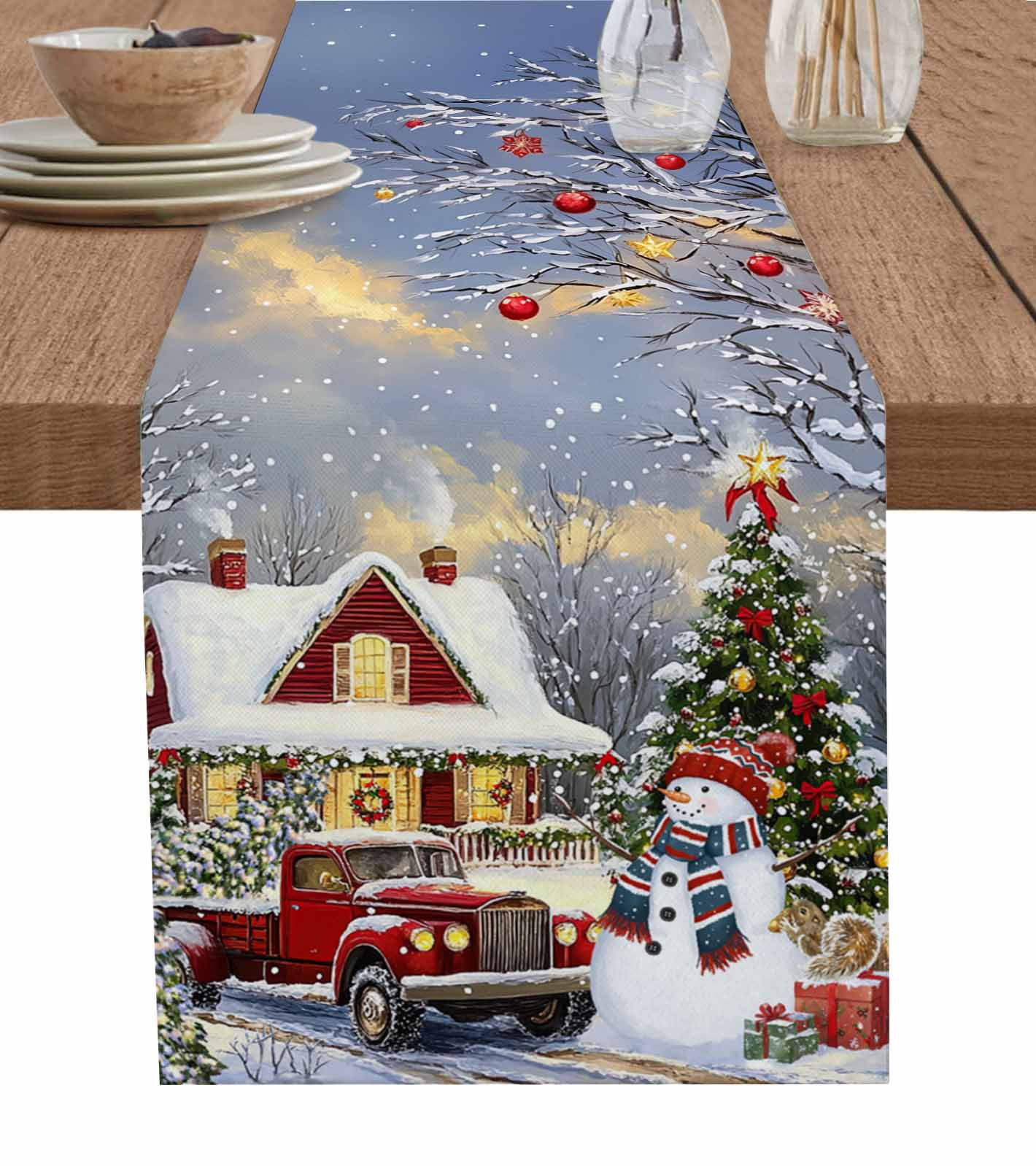 Snow Table Runner Ldtrchee Farmhouse Christmas Table Runner 60 Inches, Snowman Xmas Truck ...