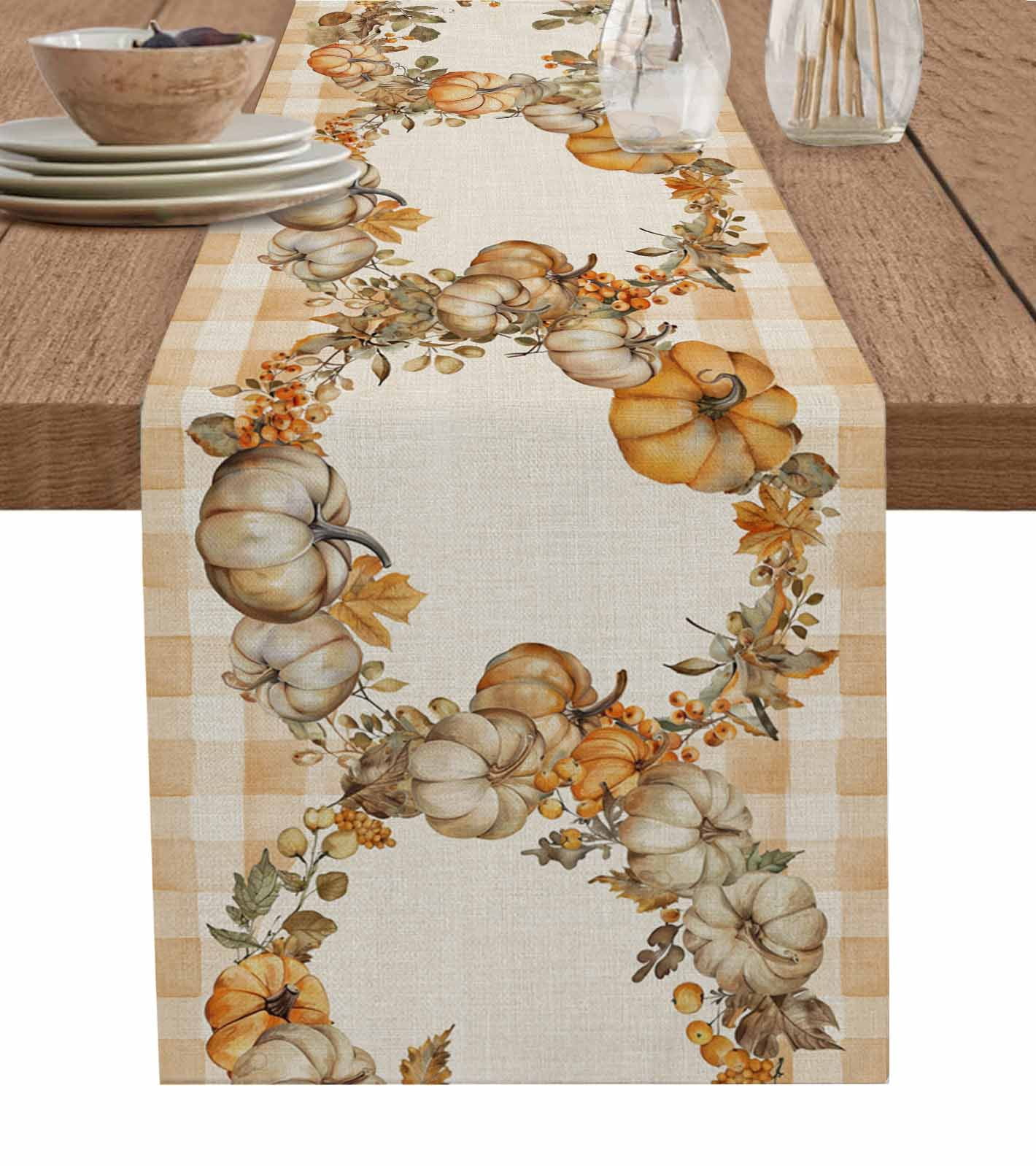 Ldtrchee Farmhouse Fall Table Runner 120 Inches, Orange Plaid Pumpkins ...