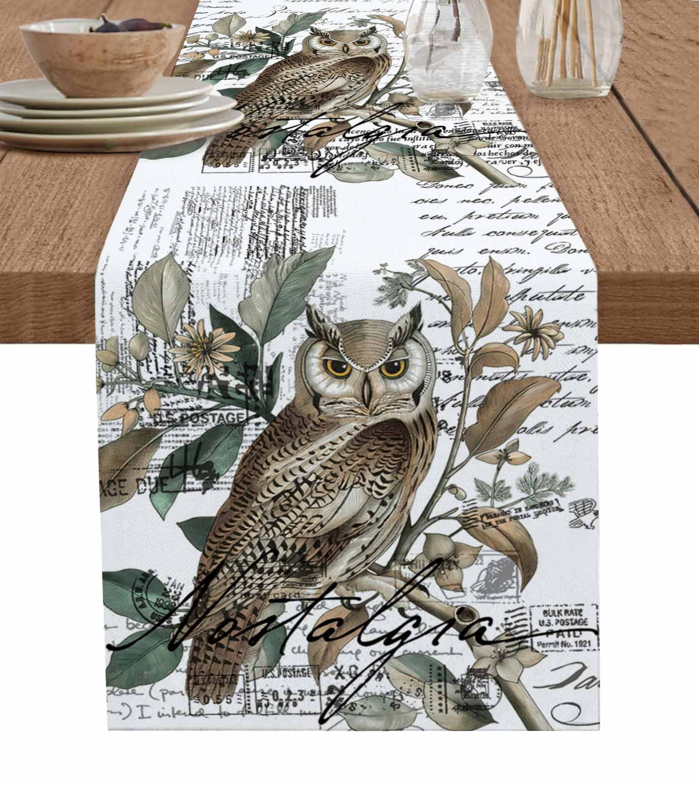 Ldtrchee Farmhouse Owl Table Runner 36 Inches, Country Envelope Postmark Botancial Bed Runner Dresser Scarves Tabletop for Indoor Outdoor Parties/Ceremony/Banquet, 13"x 36"