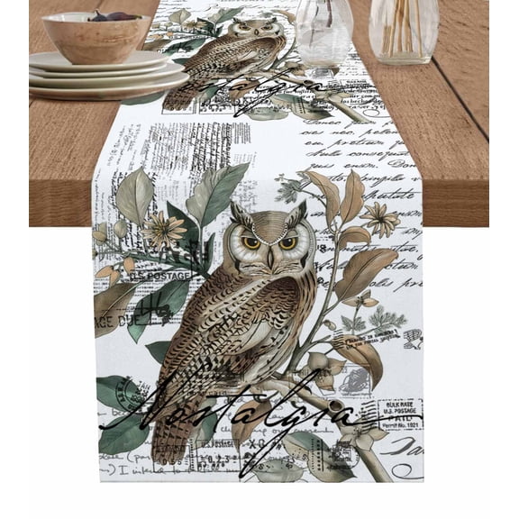 Ldtrchee Farmhouse Owl Table Runner 36 Inches, Country Envelope Postmark Botancial Bed Runner Dresser Scarves Tabletop for Indoor Outdoor Parties/Ceremony/Banquet, 13"x 36"