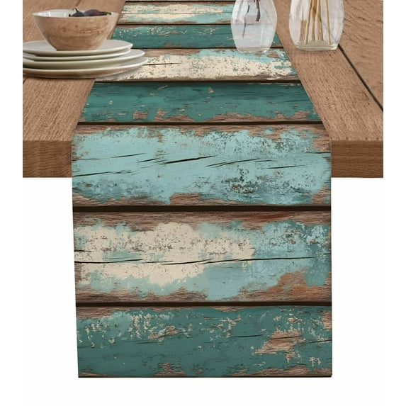 Ldtrchee Farmhouse Teal Blue Brown Table Runner 72 Inches, Vintage Wooden Bed Runner Dresser Scarves Tabletop for Indoor Outdoor Parties/Ceremony/Banquet, 18" x 72"