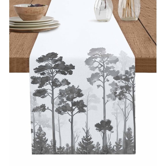 Ldtrchee Forest Nature Tree Table Runner 48 Inches, Wild Plant Botanical Grey White Bed Runner Dresser Scarves Tabletop for Indoor Outdoor Parties/Ceremony/Banquet, 13" x 48"
