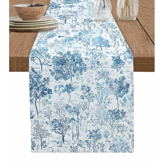 Ldtrchee Forest Teal Blue Table Runner 36 Inches, Watercolor Plants Maple Pine Tree Scenery Bed Runner Dresser Scarves Tabletop for Indoor Outdoor Parties/Ceremony/Banquet, 13"x 36"
